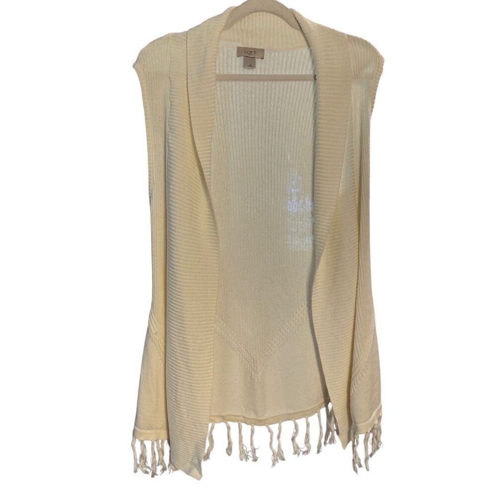 Loft Cream‎ Open Front Sleeveless Cardigan Knit Vest with Tassels Fringe Sz M